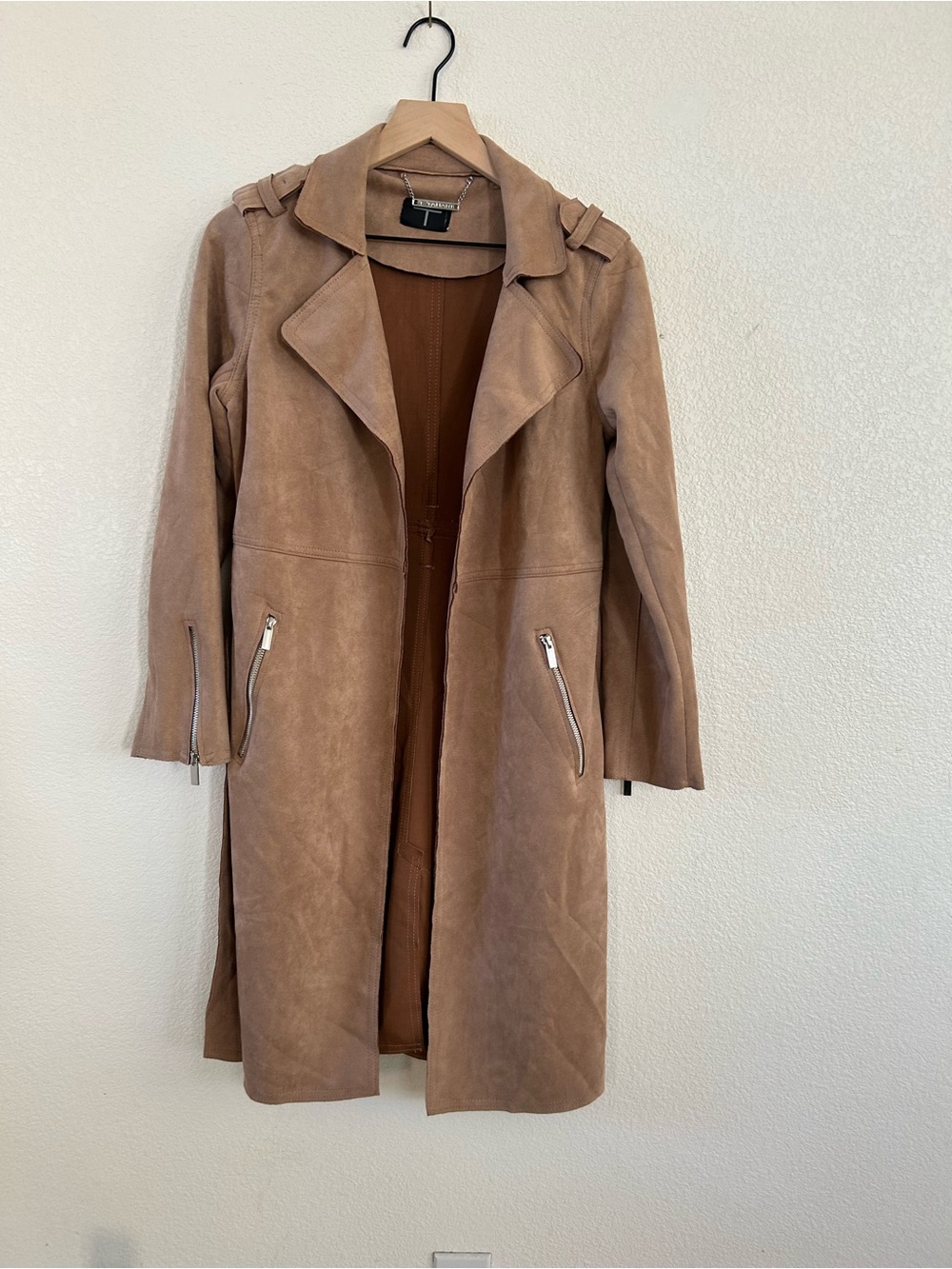 T Tahari Suede-Feel Taupe Long Trench Coat with Zip Pockets